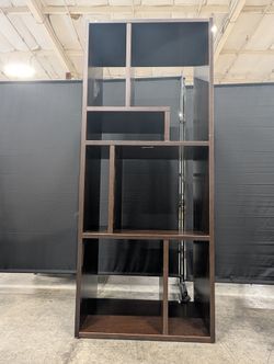 Tall Dark Brown Asymmetrical Cubby Bookshelf