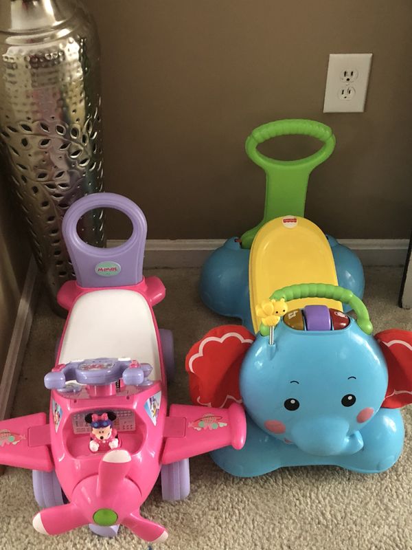 Minnie Mouse riding airplane Fisher price Elephant learning riding toy for Sale in Upper