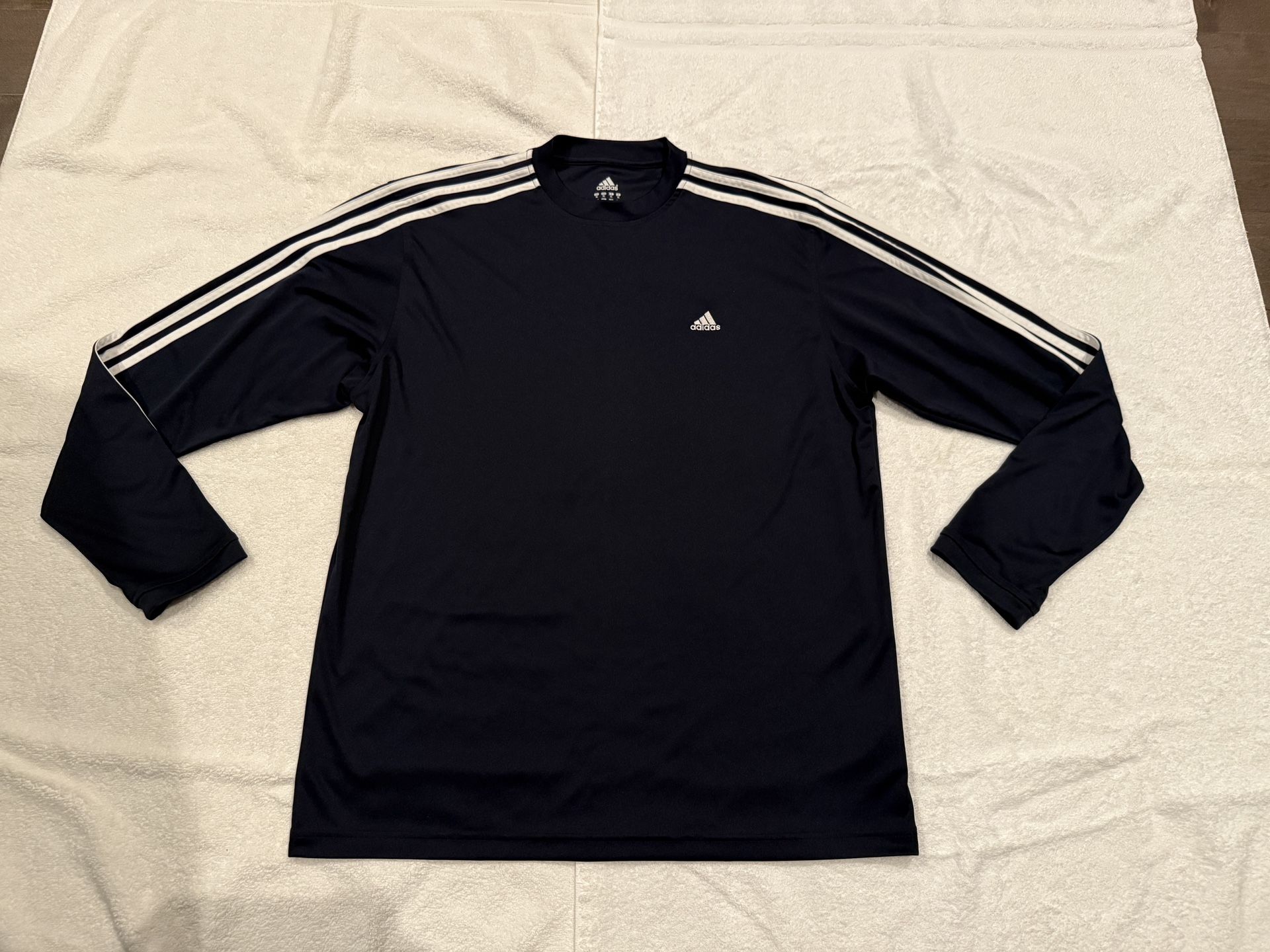Vintage Mens Adidas L/S Climalite Shirt Embroidered Logo w/3 Stripes, Navy, XL