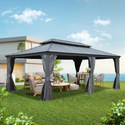 14' X 22' Hardtop Gazebo, Upgraded Metal Gazebo with Drainage System, Dual-Layer Galvanized Steel Roof, Curtain and Netting, Outdoor Shelter Canopy fo