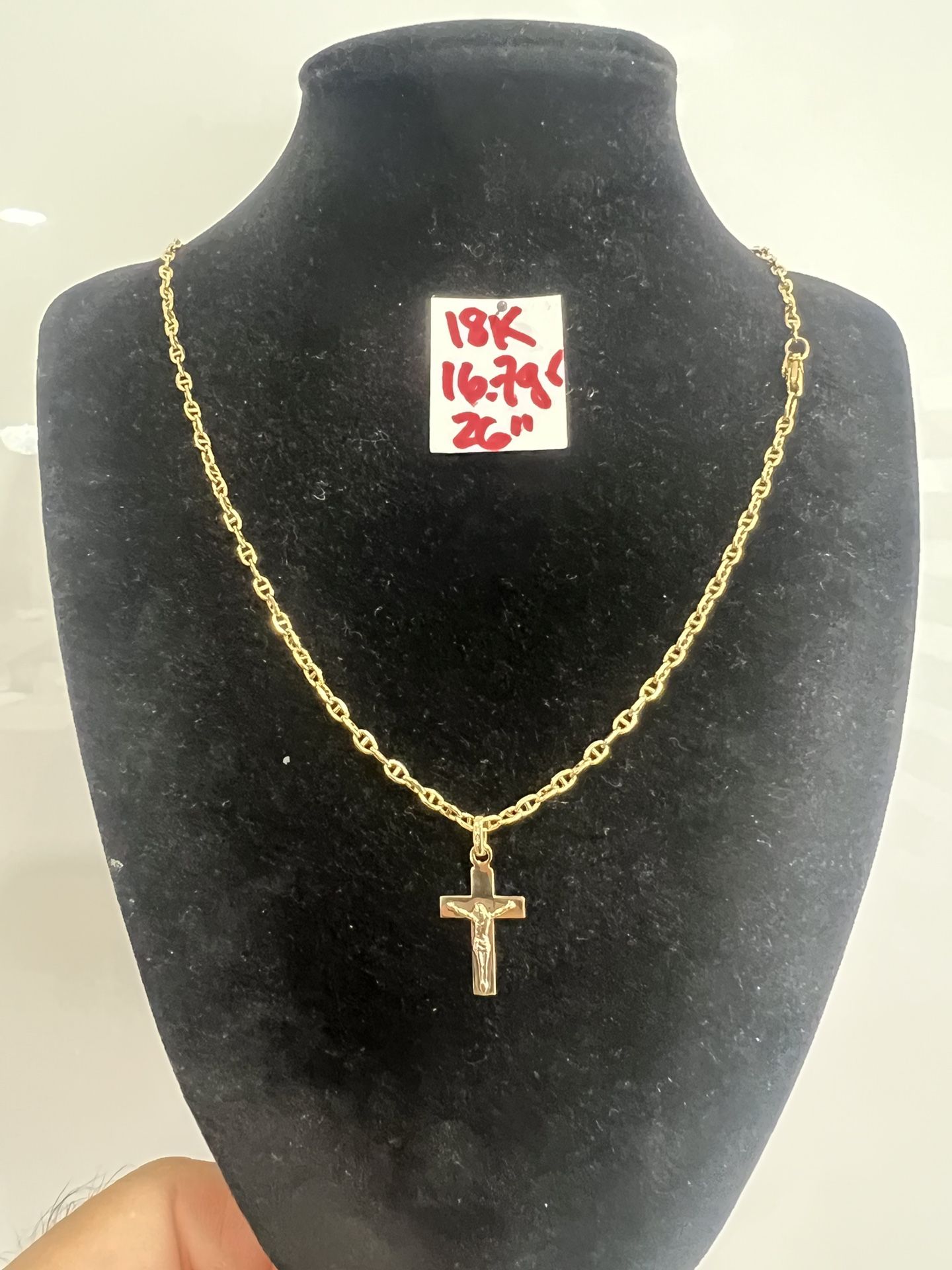 18K Solid Gold Chain Marine Links and Pendant 16.7Gr 26 Inches Long 