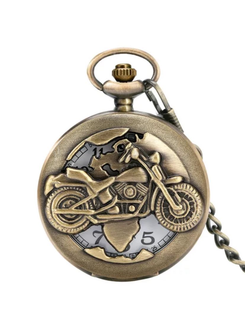 Vintage Bronze Hollow Out Motorcycle Pocket Watch