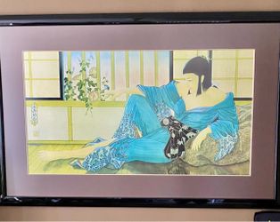 Reclining Geisha girl in black ebony frame. 4 ft. 4 in. Long. 33 in. Ht.