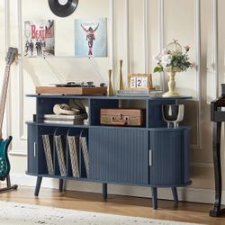 LELELINKY Large round Record Player Stand with Charging Station & Fluted Panel,