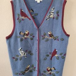 Vtg Christopher Banks Hand Embroidered Sweater Vest Birds Cottagecore 2X Blue