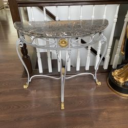 Semi-round Grey Metal Console Table with Manmade Marble Top 32”H 38”W 19”D