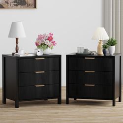 Fluted Nightstands Set of 2, 23.7'' Wide Night Stand with 3 Drawers, Mid-Century Modern Bedside Table with Handles, Wood End Table for Bedroom, Black