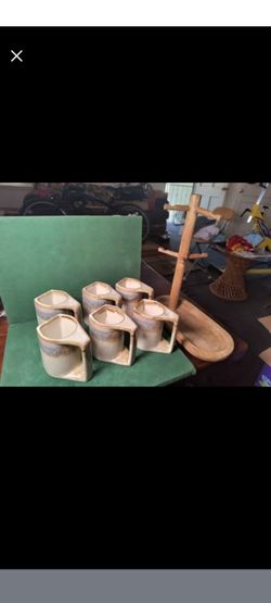 Vintage Rodolfo Padilla Signed Ceramic Mug Set with Wooden Stand - 6 Piece