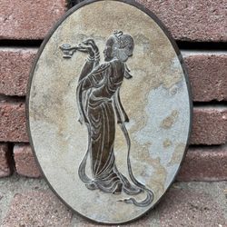 Ching Dyn Slate Bad Relief Of Girl Carrying Incense Burner Oval 10.75x 7.5 Inches 