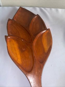 Vintage Large Dark Wooden Leaf Serving Platter/ Tray with 5 Compartments 20” L . X9”W. Wooden tulip shaped bowl #tulip