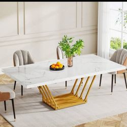 Modern Dining Table, For 6 People, Rectangular Dinner Room Table With Geometric Frame For Kitchen, Dining Room