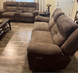 Ashley Furniture Power Reclining Sofa & Loveseat Set (Brown Microfiber)