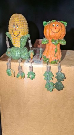 (2) Vintage Fall Harvest Corn and Pumkin Shelf Sitter Figurines