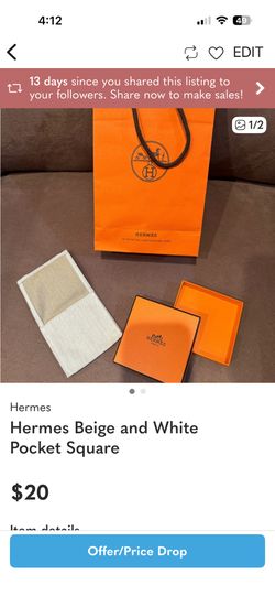 Hermes Beige and White Pocket Square