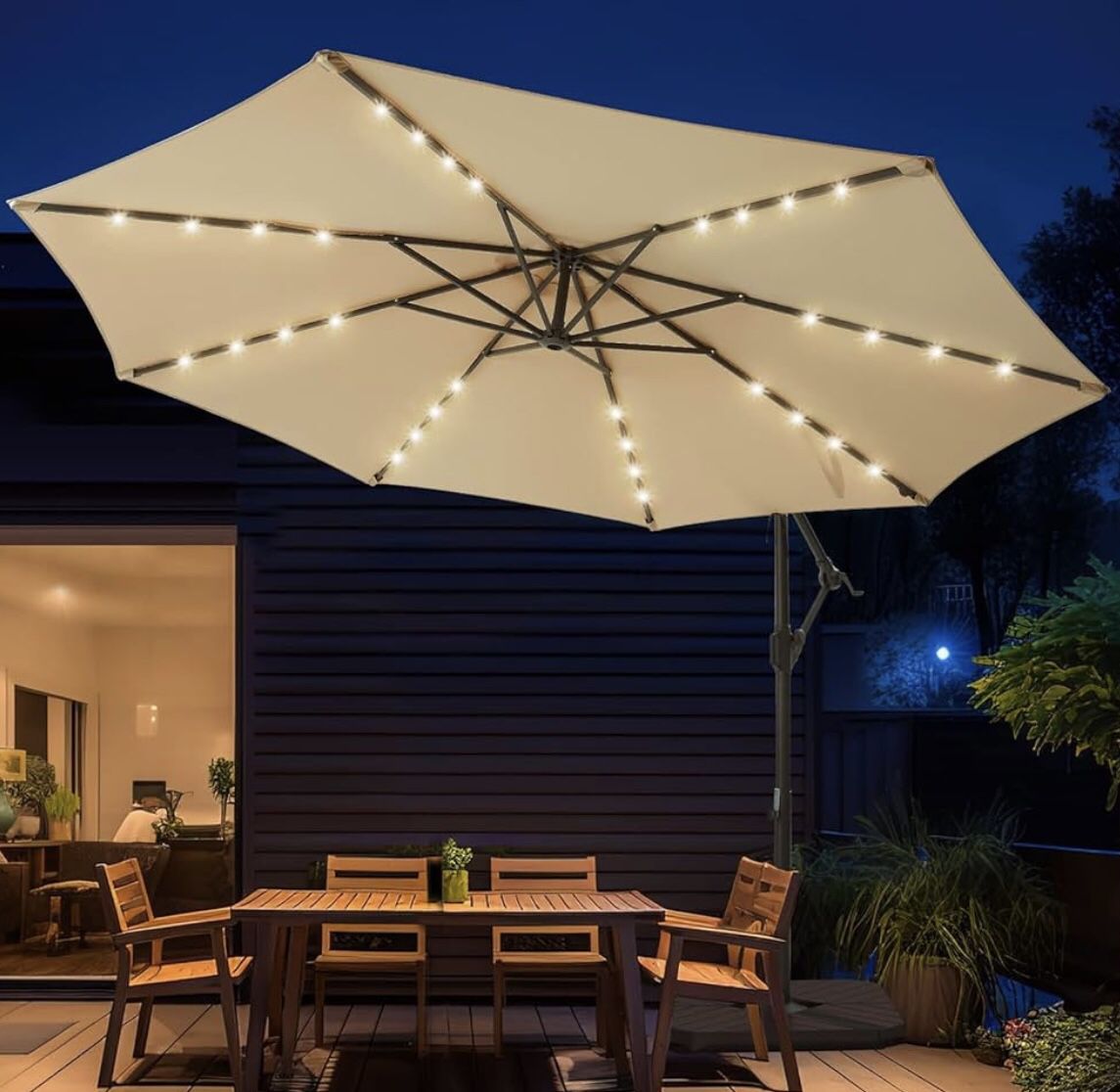 10ft Solar LED Offset Hanging Market Patio Umbrella for Backyard, Poolside, Lawn and Garden,Easy Tilt Adjustment, Polyester Shade & Cross Base, Beige