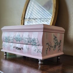 Large Chest Style Refinished Pink Floral Jewelry Box