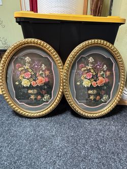 Vintage Home Interiors Albert Williams Floral Wall Art – Matching Pair – Gold Oval Frames