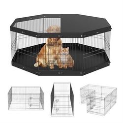 Foldable Metal Dog Exercise Pen, Pet Playpen Dog Fence for Camping with Top Cover and Bottom Pad, 24" H 8 Panels, Puppy Crate Kennel Indoor Outd