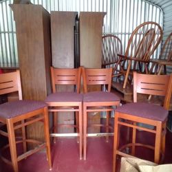 Set Of 4 Wood Bar Stools With Burgundy Padded Seats