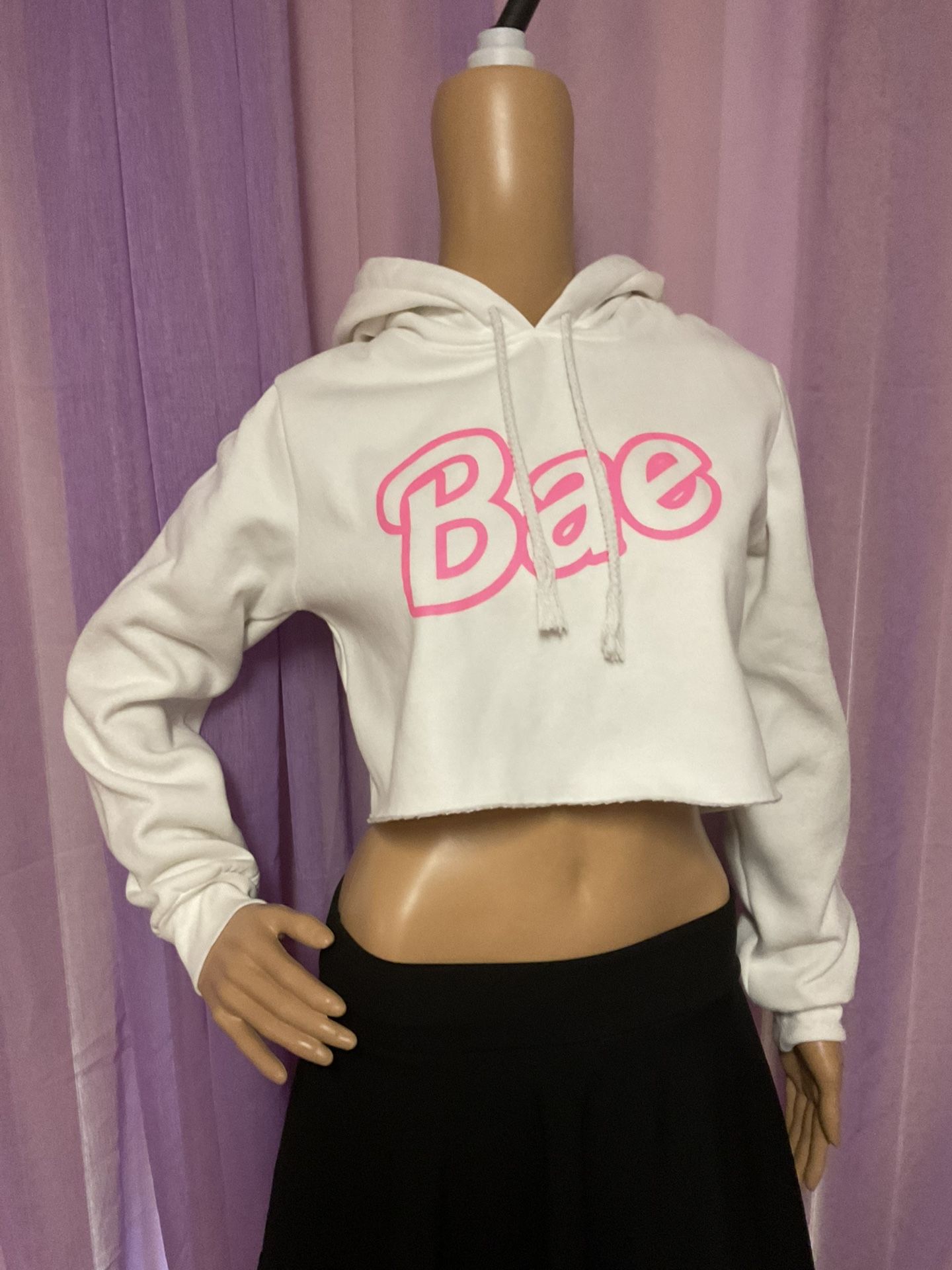 Bae Crop Top Hoodie White With Pink Lettering Cotton Braided Drawstring