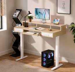 47” Electric Standing Desk with 2 Drawers &24.4″ Large Keyboard Tray, C-Clamp Mount Compatible, Adjustable Computer Desk for Office, Sit Stand Up Desk