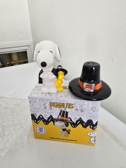 New In Box Peanuts Snoopy & Woodstock Thanksgiving Ceramic Salt And Pepper Shakers