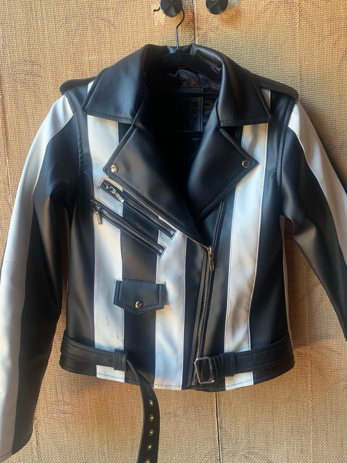 Black and white beetlejuice vegan leather Bikerjacket