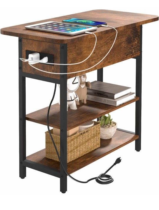 Yoobure End Table with Charging Station, Flip Top Side Table with USB Ports and Outlets, Sofa Couch Table Bedside Table for Living Room Bedroom, Narro