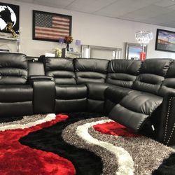 Black Leather Sofa Sectional 2x Recliners