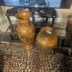 2 Gold Palm Tree Vases.    18 And 12 Inches. Bigger One Has A Small Chi On The Top