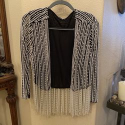 NASTY GAL Women Fringe Pearl Beaded Open Front Embellished Party Jacket Size 8