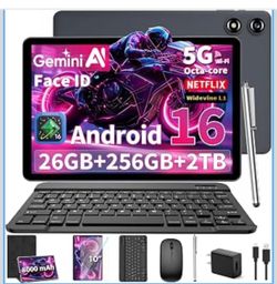 10 inch Tablet with Keyboard - 2026 Gemini AI Android 16 Tablet,Black Case 26GB+256GB+2TB Expand, Electronic Tablet PC with 8-Core, 5G WiFi, 8000mAh, 