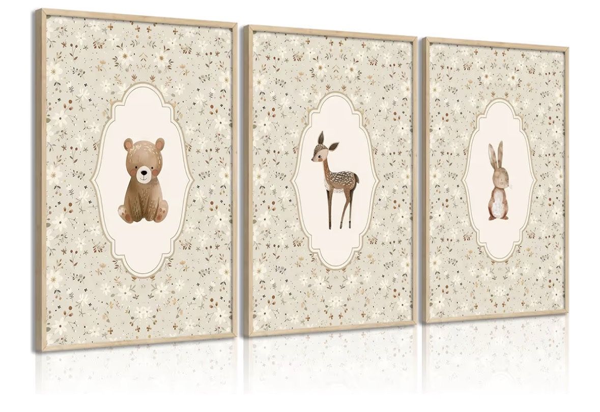 Vintage Woodland Animals Nursery Canvas 3 piece - new
