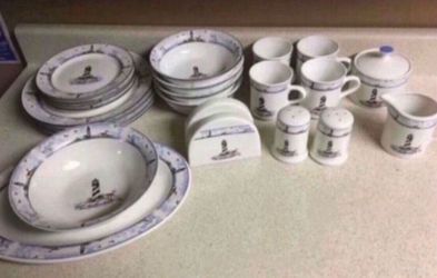 Nautical Dinnerware - Serves 4! 21 Pieces At A Great Price! See Photos!  Lighthouse Theme  Dish Set