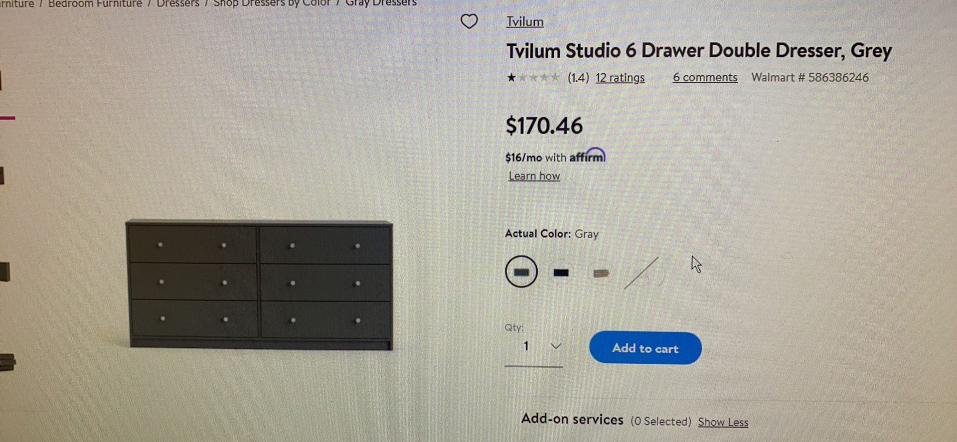 TVIum studio six drawer double dresser grey New
