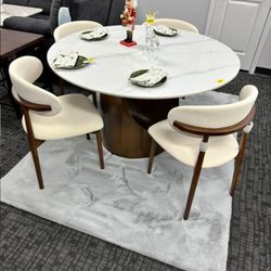 Marble Top Round Dining Table With 4 Elegant Chairs