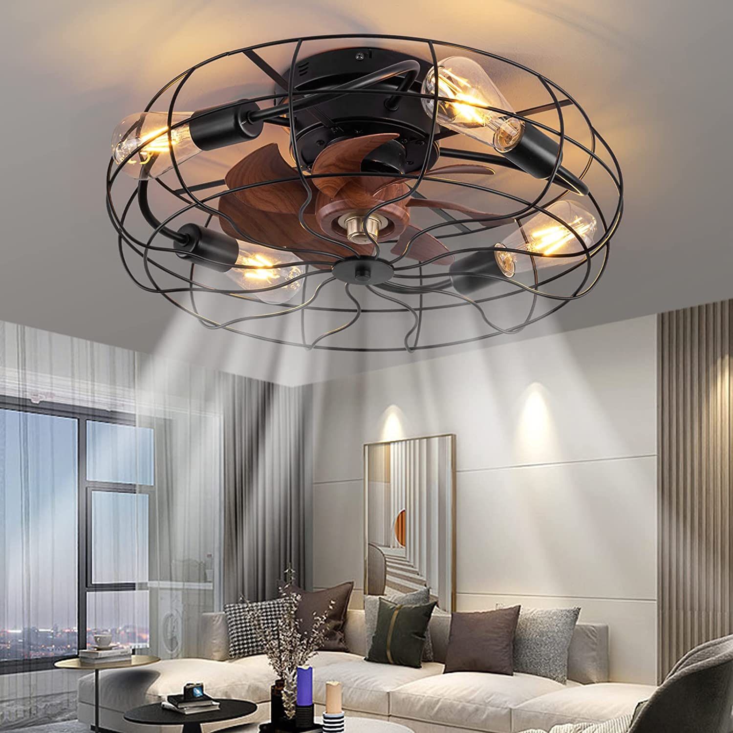 21" Low Profile Caged Ceiling Fan With Lights Remote Control，Including 4-light Bulbs Low Profile Flush Mount Ceiling Fan,Small Industrial Black Ceilin