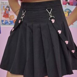 New With Tag Pleated Skirt Black With Hearts Kawaii School Girl 