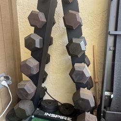 RitFit Rubber Hex Dumbbells Set w/ Rack 