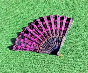 Black Lace Pink Sparkle Rose Flower Accent Design Folding Plastic Hand Fan New