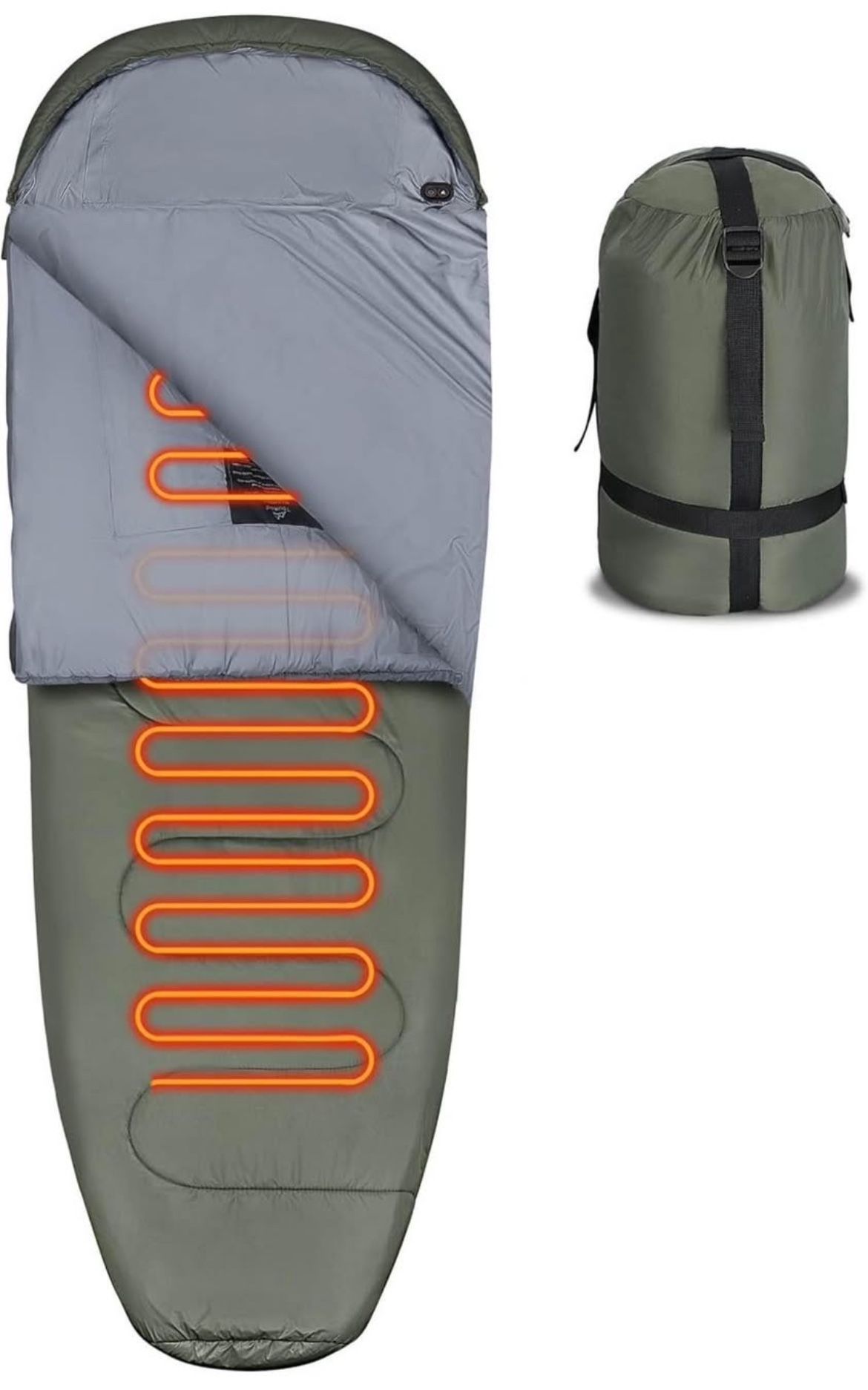 Teenager Tight Fit Heated Sleeping Bag with 12V Battery, Mummy Style, No-Snag Zipper with Adjustable Hood, Camping Cold Weather