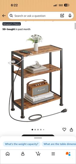 End Table with Charging Station, 3-Tier Side Table for Small Space, Skinny Nightstand with USB/Type C Port and 2 Outlets, Slim Beside Table for Living