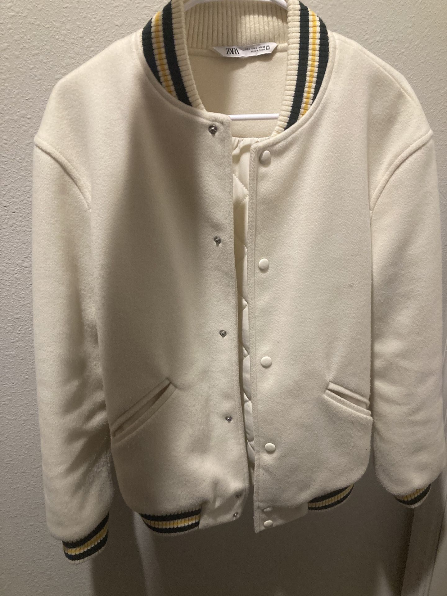 Zara Varsity Jacket Size Small - Cream With Black And Yellow Stripe On Cuffs , Sold Out!