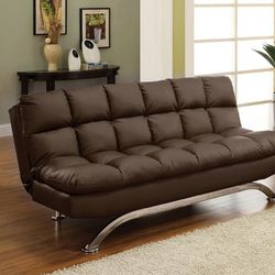 Brand New Dark Brown, Chrome Leatherette Futon Sofa Converts Into Bed