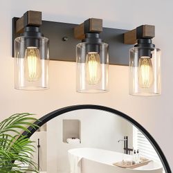 Farmhouse Bathroom Vanity Light Fixtures,Rustic 3-Light Wood Vanity Lights for Bathroom