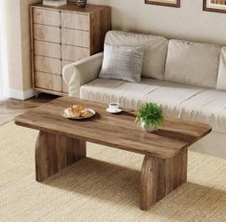 47-Inch Wood Rectangular Living Room Table, Farmhouse Accent Center Low Cocktail Tea Table with Sturdy Base & Rounded Corners