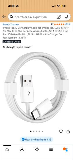 iPhone 16E/17 Car Carplay Cable for iPhone 16E/17Air, 15/16/17 Pro Max 15 16 Plus Car Accessories Cable,USB A to USB C for iPad 10th Gen iPad Pro,Air 