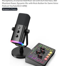 FIFINE Gaming Audio Mixer Bundle with Computer Streaming Microphone, 4-Channel RGB Mixer Set with XLR Interface, 48V Phantom Power, Dynamic Mic with M