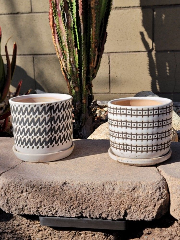 Set of 2 Contemporary Ceramic Black and White Small Pots