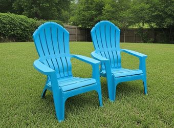 $30 for both! Two Blue Plastic Stackable Adirondack Lawn Patio Chairs! Sturdy.